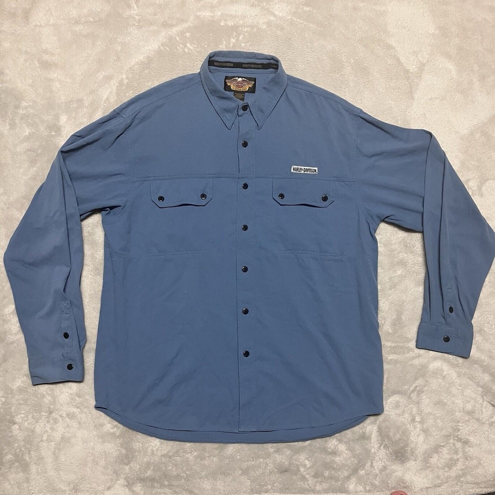 Vintage‎ Harley Davidson Shirt Mens XL Blue Biker Button Up Long Sleeve Shacket